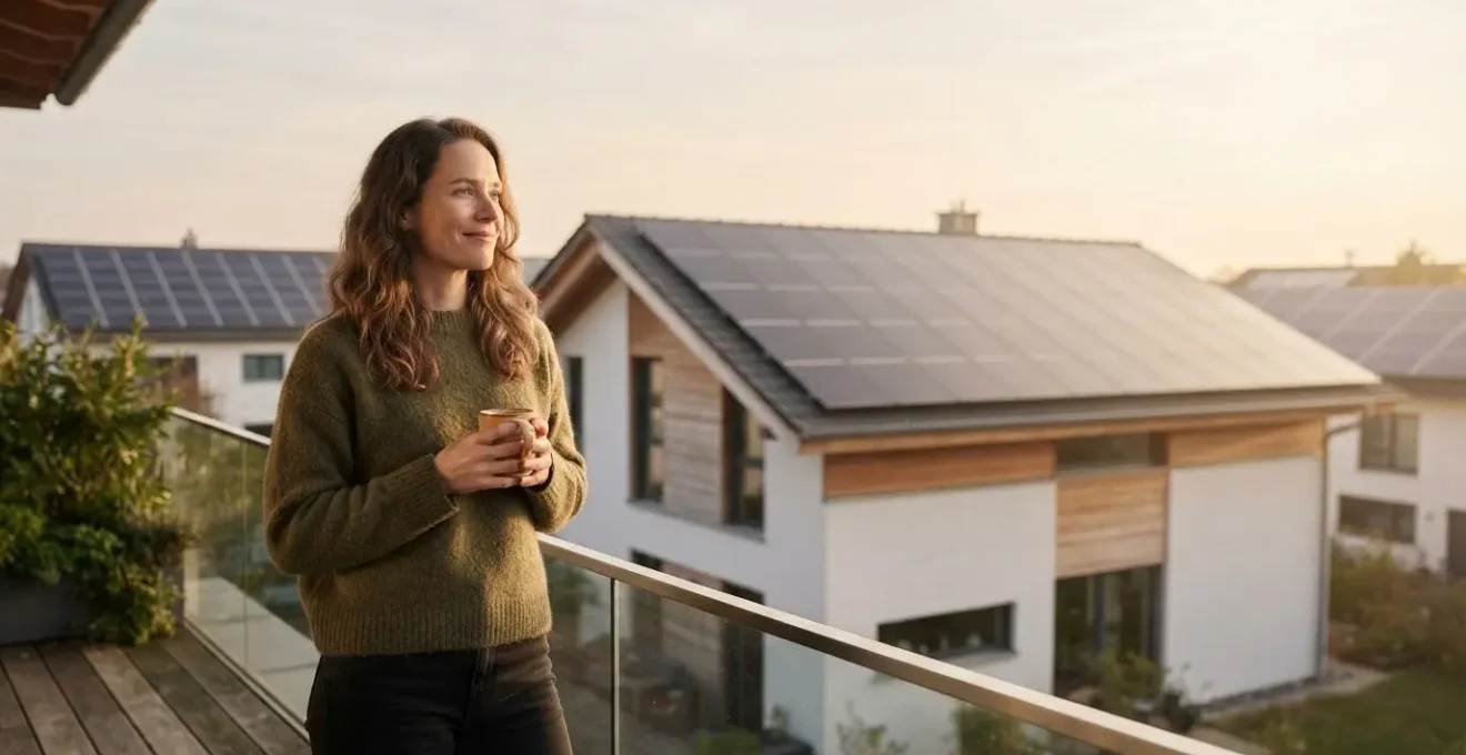 Maison avec panneaux solaires en toiture au lever du soleil, symbolisant l'autoconsommation d'energie solaire par un foyer