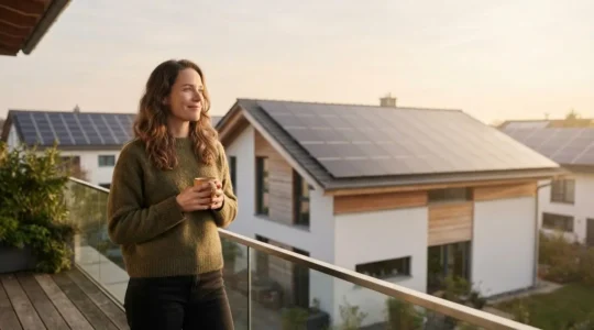 Maison avec panneaux solaires en toiture au lever du soleil, symbolisant l'autoconsommation d'energie solaire par un foyer