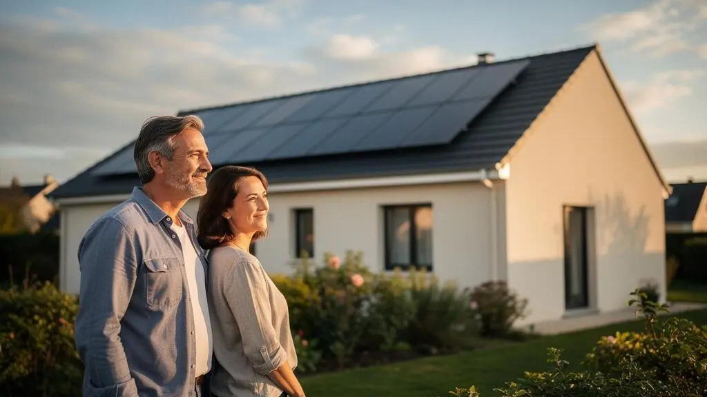 Maison individuelle moderne et lumineuse avec panneaux solaires en toiture, symbolisant la valorisation immobilière par les certifications environnementales