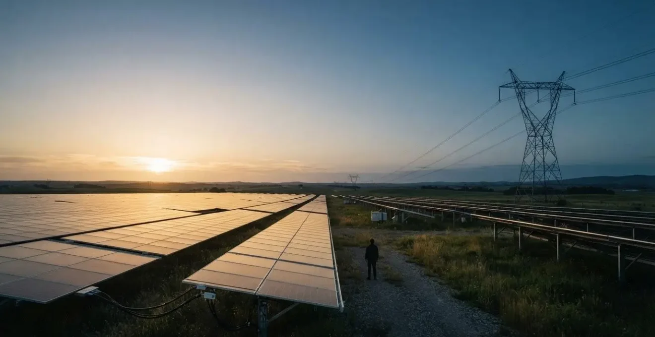Panneaux solaires connectes au reseau electrique national au coucher du soleil, symbolisant la question de la tracabilite de l'electricite verte