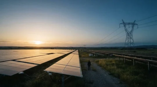 Panneaux solaires connectes au reseau electrique national au coucher du soleil, symbolisant la question de la tracabilite de l'electricite verte