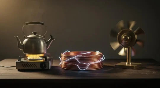 Représentation symbolique des trois formes d'énergie - chaleur, électricité et mécanique - dans un foyer