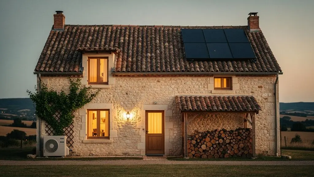 Maison française traditionnelle illustrant les trois solutions de chauffage écologique : pompe à chaleur, bois et solaire thermique