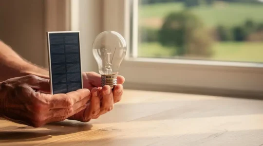 Main tenant un petit panneau solaire et une ampoule basse consommation devant un paysage naturel, symbole du choix eclaire d'equipements durables