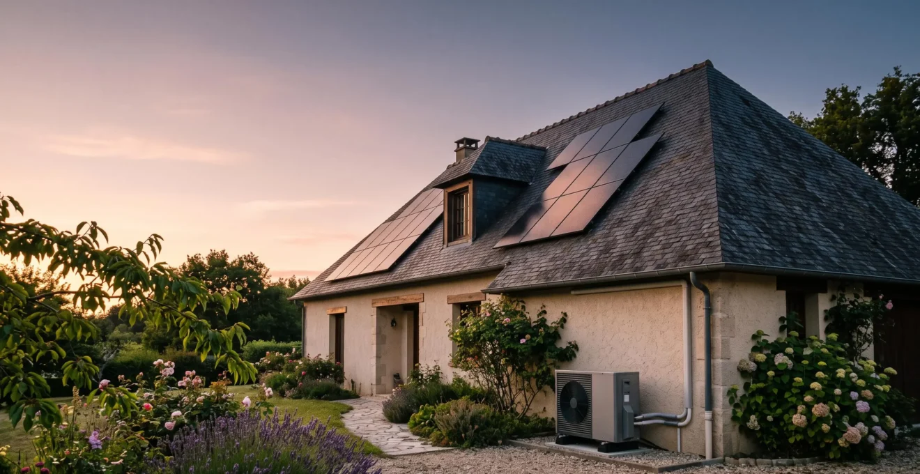 Maison individuelle française avec panneaux solaires en toiture au coucher du soleil, symbolisant le choix entre plusieurs solutions écologiques pour l'habitat