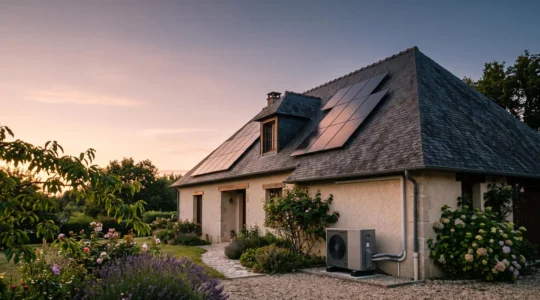 Maison individuelle française avec panneaux solaires en toiture au coucher du soleil, symbolisant le choix entre plusieurs solutions écologiques pour l'habitat