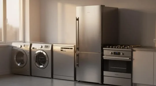 Cuisine moderne épurée avec cinq appareils électroménagers essentiels alignés dans une lumière naturelle douce