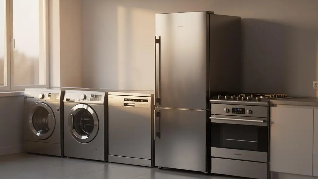 Cuisine moderne épurée avec cinq appareils électroménagers essentiels alignés dans une lumière naturelle douce