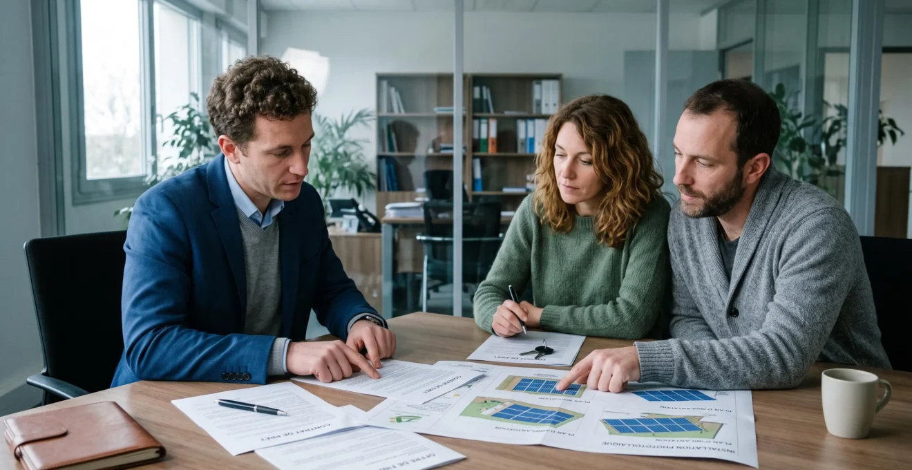 Conseiller bancaire recevant un couple avec documents et plan d'installation solaire sur la table