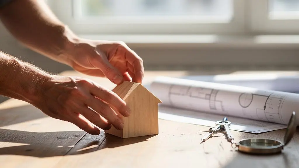 Architecte plaçant une maquette en bois de maison sur un plan lumineux, symbole de la conception d'une maison basse consommation dès l'esquisse