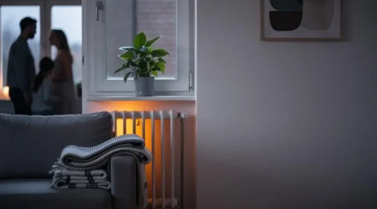 Intérieur chaleureux d'une maison familiale européenne au petit matin, illustrant les écogestes du quotidien
