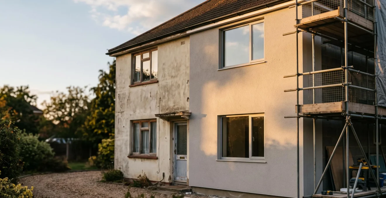 Rénovation énergétique d'une maison familiale illustrant l'équilibre entre investissement et économies futures