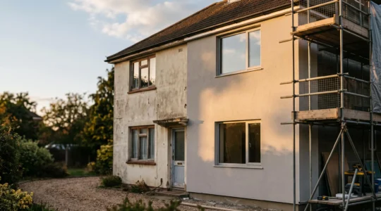 Rénovation énergétique d'une maison familiale illustrant l'équilibre entre investissement et économies futures