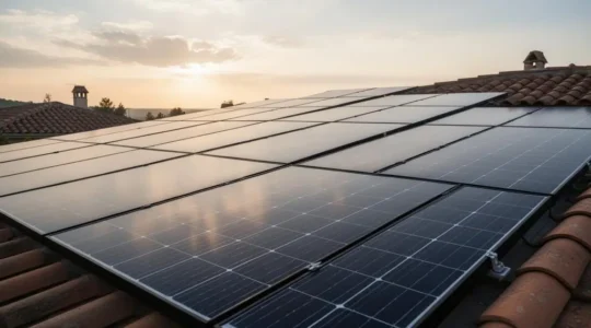 Panneau solaire photovoltaïque installé sur un toit en tuiles, éclairé par la lumière rasante du matin, illustrant l'écart entre puissance théorique et production réelle