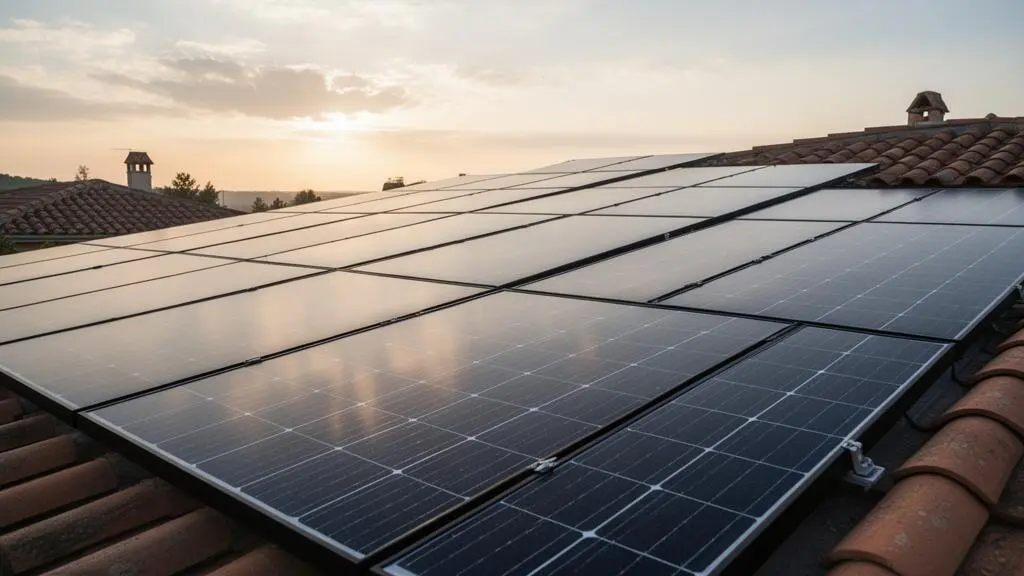 Panneau solaire photovoltaïque installé sur un toit en tuiles, éclairé par la lumière rasante du matin, illustrant l'écart entre puissance théorique et production réelle