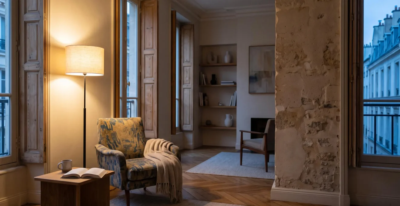Intérieur chaleureux d'une maison française avec une lumière douce évoquant une consommation énergétique maîtrisée
