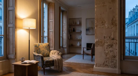 Intérieur chaleureux d'une maison française avec une lumière douce évoquant une consommation énergétique maîtrisée
