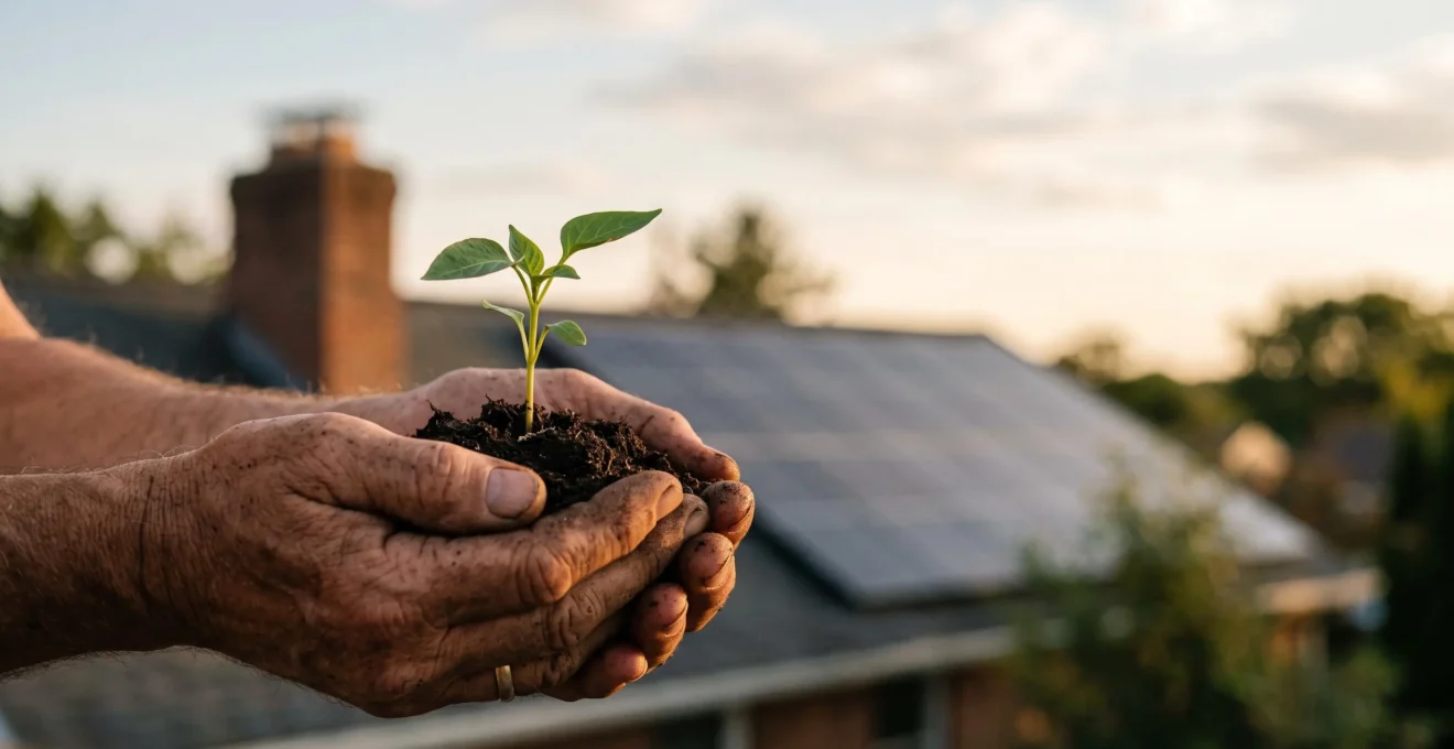 Mains tenant une jeune pousse au-dessus d'une terre riche, avec en arrière-plan une maison équipée de panneaux solaires, symbolisant l'équilibre entre petits gestes et actions structurantes pour l'environnement