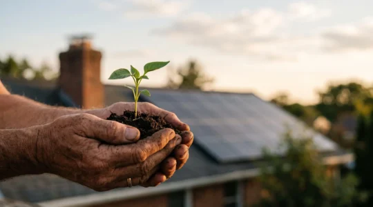 Mains tenant une jeune pousse au-dessus d'une terre riche, avec en arrière-plan une maison équipée de panneaux solaires, symbolisant l'équilibre entre petits gestes et actions structurantes pour l'environnement