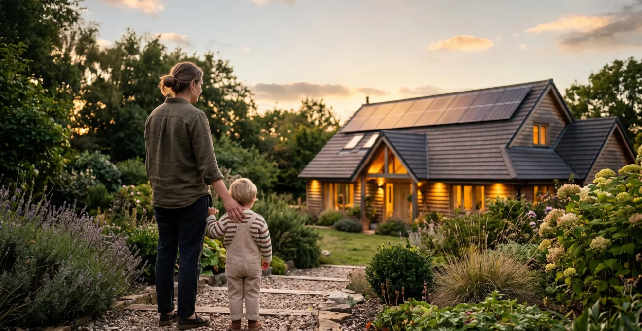 Parent et enfant regardant ensemble une maison rénovée et économe en énergie au coucher du soleil, symbole d'un héritage familial durable