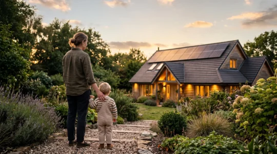 Parent et enfant regardant ensemble une maison rénovée et économe en énergie au coucher du soleil, symbole d'un héritage familial durable