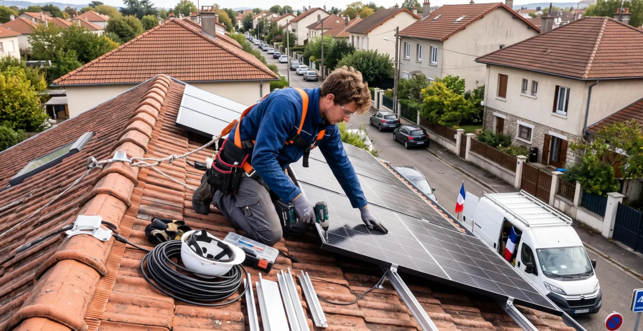 Installateur RGE posant des panneaux solaires sur une toiture résidentielle avec équipements visibles