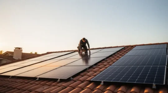 Technicien installant des panneaux solaires sur le toit d'une maison individuelle sous un ciel dégagé, illustrant une installation de 3 kWc