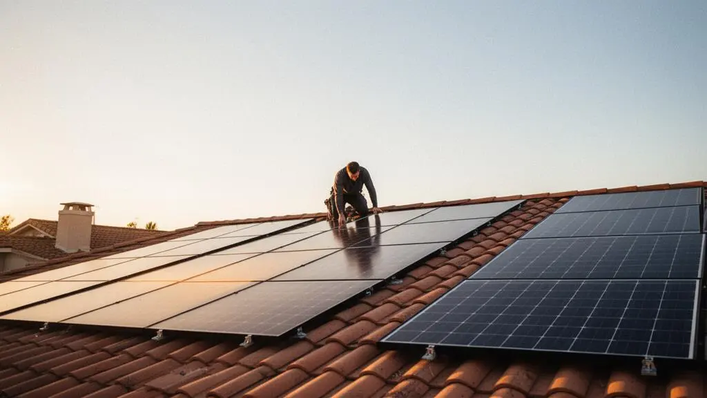 Technicien installant des panneaux solaires sur le toit d'une maison individuelle sous un ciel dégagé, illustrant une installation de 3 kWc