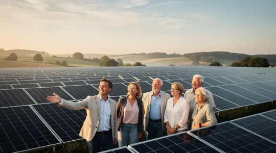 Groupe de citoyens visitant une centrale solaire collective au lever du soleil, symbolisant l'investissement participatif dans les énergies renouvelables