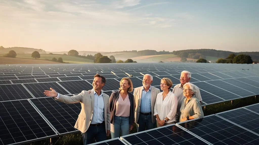 Groupe de citoyens visitant une centrale solaire collective au lever du soleil, symbolisant l'investissement participatif dans les énergies renouvelables