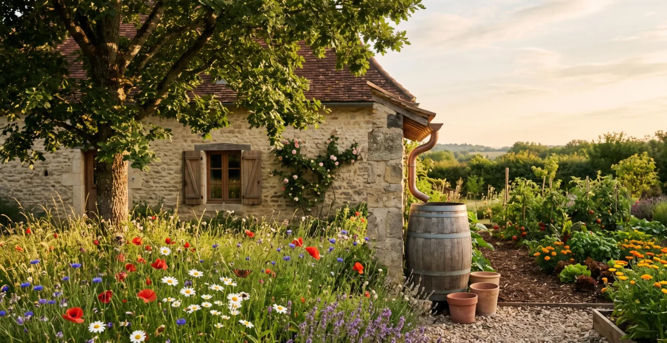 Jardin arboré et fleuri en pleine biodiversité protégeant une maison en arrière-plan, ombre naturelle et végétation luxuriante