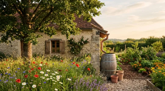 Jardin arboré et fleuri en pleine biodiversité protégeant une maison en arrière-plan, ombre naturelle et végétation luxuriante