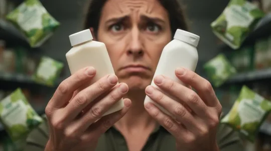 Une main tenant plusieurs emballages de produits couverts de logos écologiques flous, illustrant la confusion entre vrais labels environnementaux et greenwashing