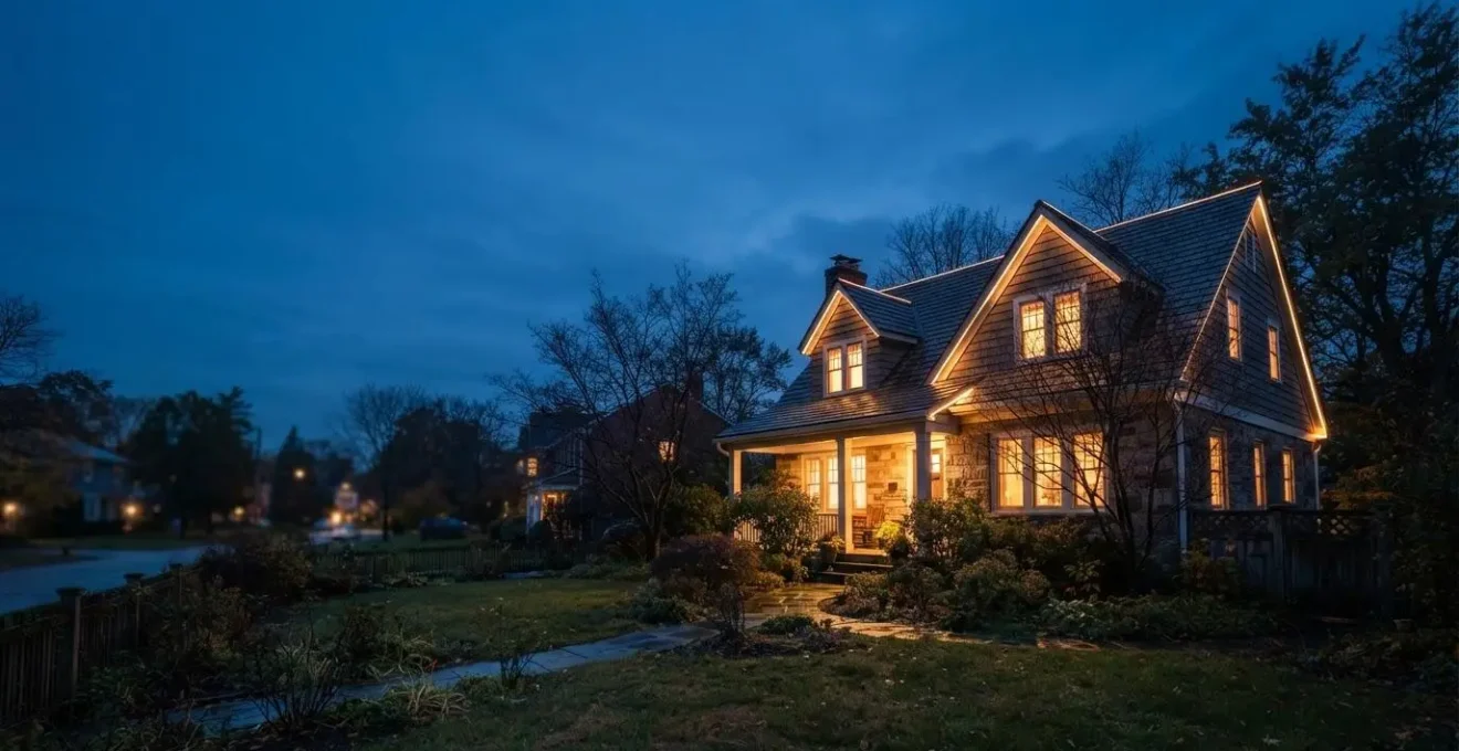 Maison individuelle vue de nuit avec une lueur chaude s'échappant des fenêtres et de la toiture, symbolisant les déperditions de chaleur invisibles
