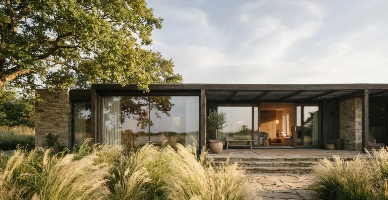 Maison contemporaine bioclimatique captant la lumière du soleil, la brise et la fraîcheur du jardin environnant