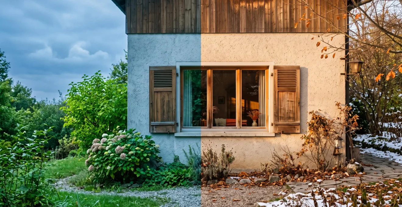 Façade d'une maison partagée entre lumière chaude d'hiver et fraîcheur d'été, symbole du confort thermique toute l'année
