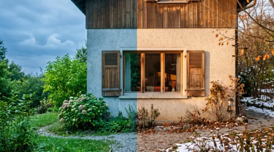 Façade d'une maison partagée entre lumière chaude d'hiver et fraîcheur d'été, symbole du confort thermique toute l'année
