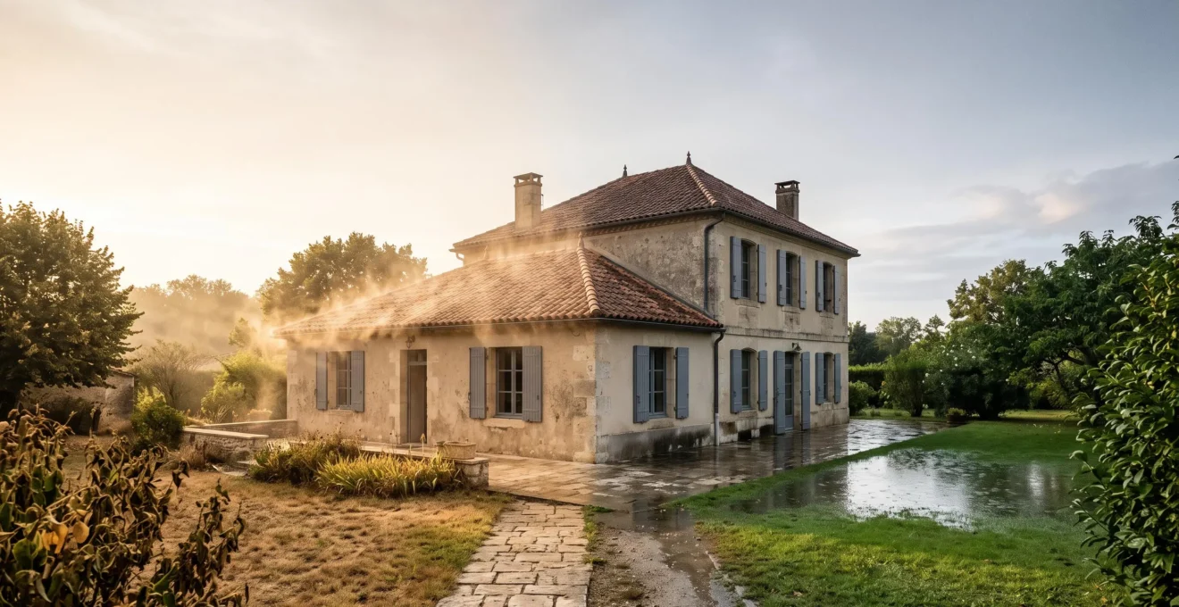 Maison individuelle française illustrant la double menace climatique de la canicule et de la montée des eaux