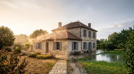 Maison individuelle française illustrant la double menace climatique de la canicule et de la montée des eaux