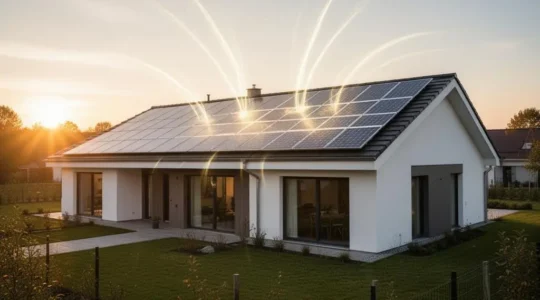 Maison moderne au toit équipé de panneaux solaires, illustrant l'automatisation énergétique domestique