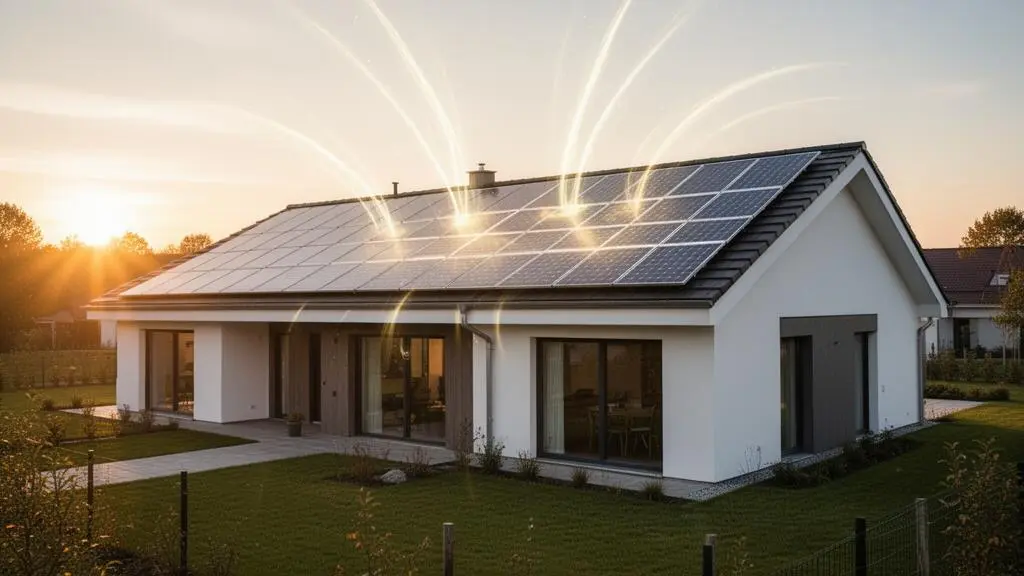 Maison moderne au toit équipé de panneaux solaires, illustrant l'automatisation énergétique domestique