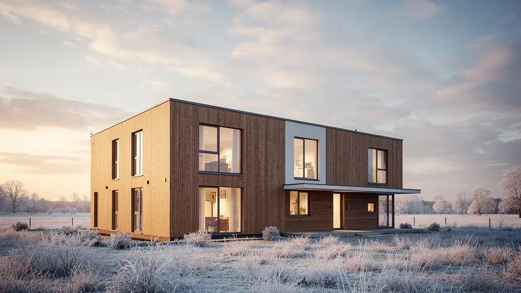 Maison passive moderne en hiver illustrant une conception thermique très performante et un chauffage minimal