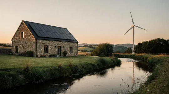 Une maison de campagne combinant panneaux solaires en toiture, petite éolienne et ruisseau, symbolisant les énergies domestiques inépuisables.
