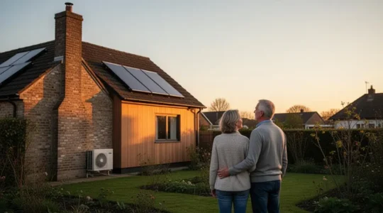 Maison familiale de jour illustrant la transition du chauffage au gaz et au fioul vers les énergies renouvelables