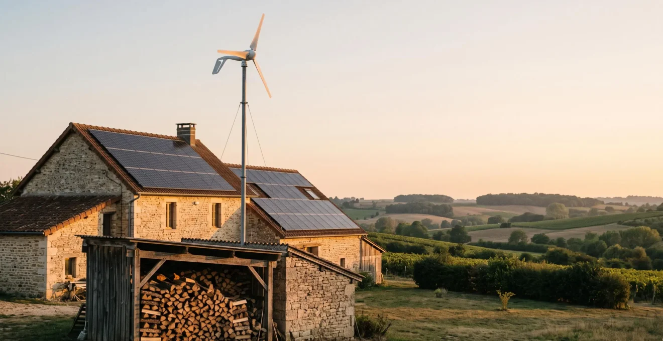 Maison familiale française combinant panneaux solaires en toiture, petite éolienne domestique et stock de bois de chauffage pour l'autonomie énergétique