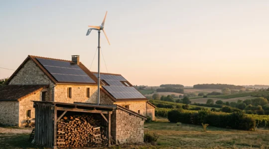 Maison familiale française combinant panneaux solaires en toiture, petite éolienne domestique et stock de bois de chauffage pour l'autonomie énergétique