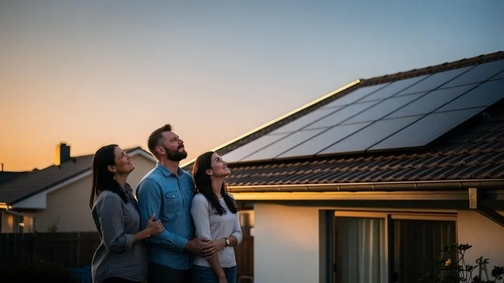 Famille devant sa maison équipée de panneaux solaires au coucher du soleil, symbole d'un plan d'autonomie énergétique progressif