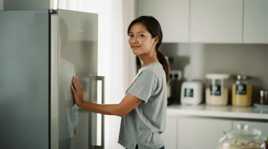 Une personne évalue avec attention un nouvel appareil électroménager économe dans une cuisine lumineuse, symbolisant un investissement mensuel réfléchi.