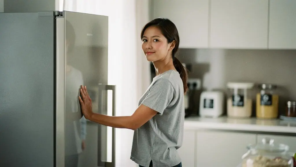 Une personne évalue avec attention un nouvel appareil électroménager économe dans une cuisine lumineuse, symbolisant un investissement mensuel réfléchi.