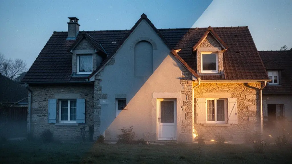 Facade d'une maison a mi-chemin entre une teinte froide et une lumiere chaleureuse, symbolisant la transition d'un logement vers une meilleure performance energetique